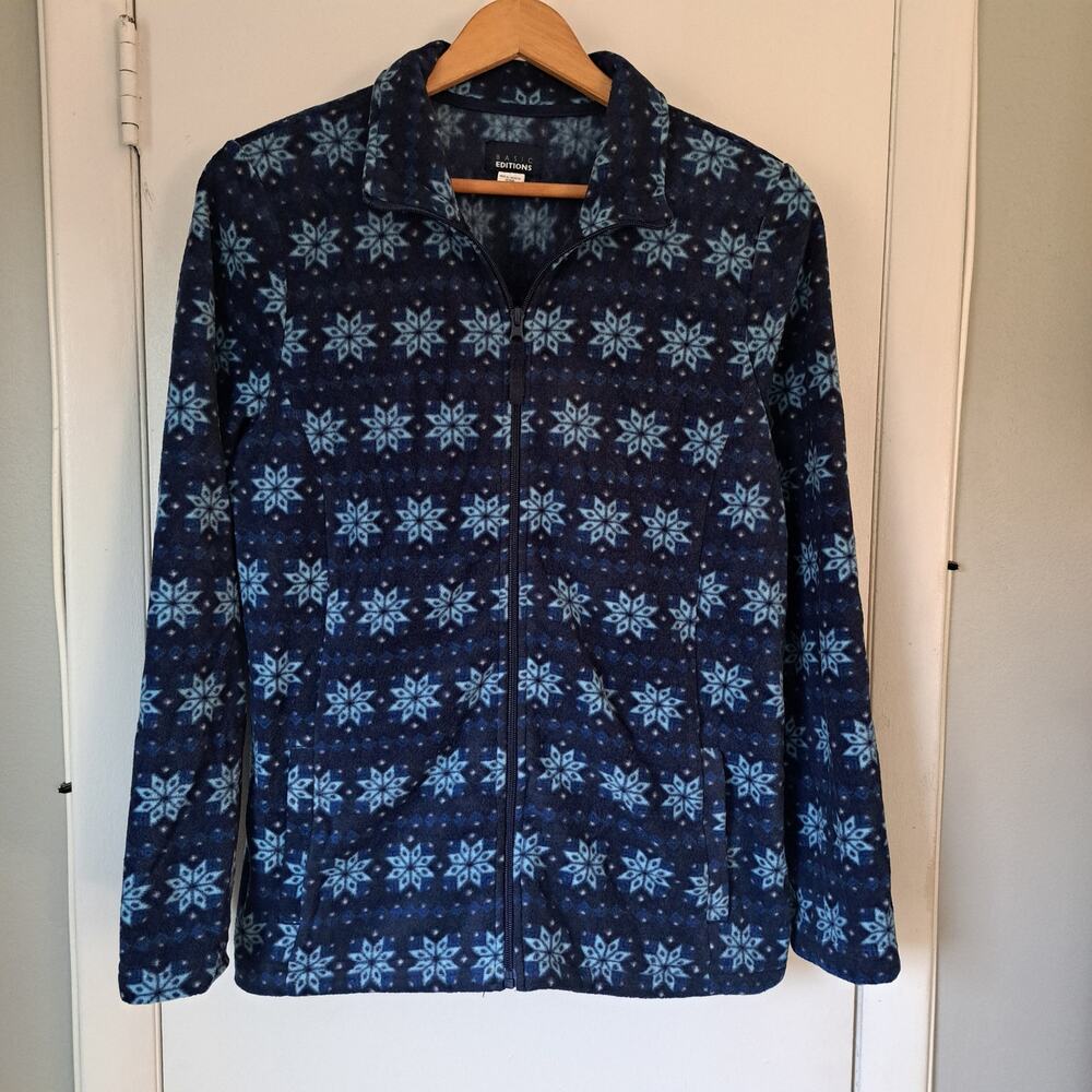 Basic Editions Navy Snowflake Pattern Fleece Full Zip Jacket Women's Medium